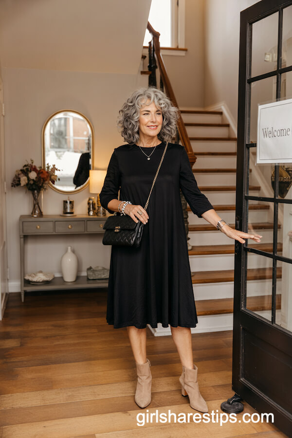 Relaxed Black Dress with Silver Accessories