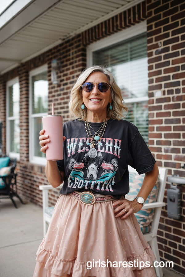 Graphic Western Tee with Pink Tulle Skirt