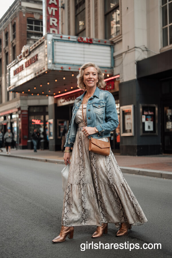 Snake Print Maxi Dress with Denim Jacket