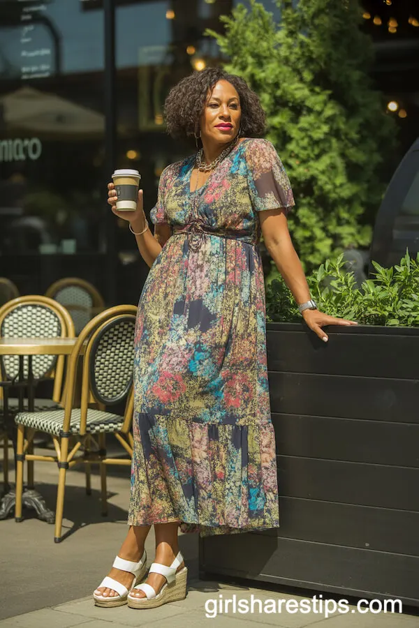 Colorful Floral Maxi Dress with White Wedge Sandals and Bold Jewelry