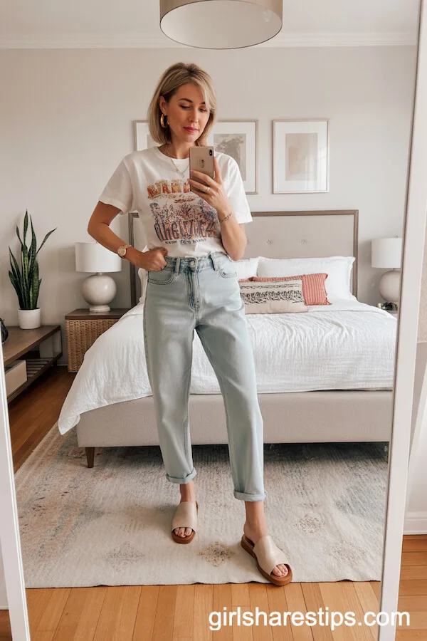 Relaxed-Fit Jeans with Colorful Graphic Tee and Slip-On Mules