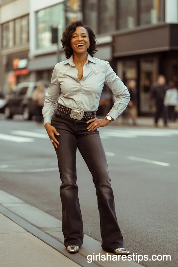 Dark Flared Jeans with Western-Style Shirt and Statement Belt