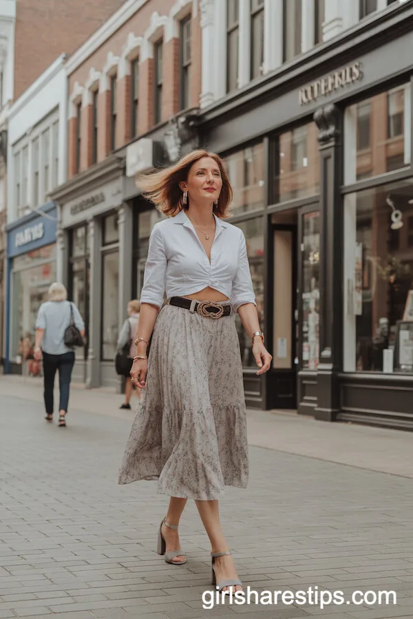Floral Midi Skirt with Tucked-In White Blouse and Wide Statement Belt