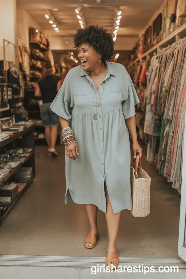 Sage Green Shirt Dress with Tan Slide Sandals and Mixed Bracelets