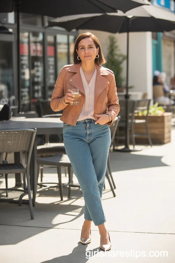 Cropped Suede Moto Jacket with Lightweight Blouse and Ankle Jeans