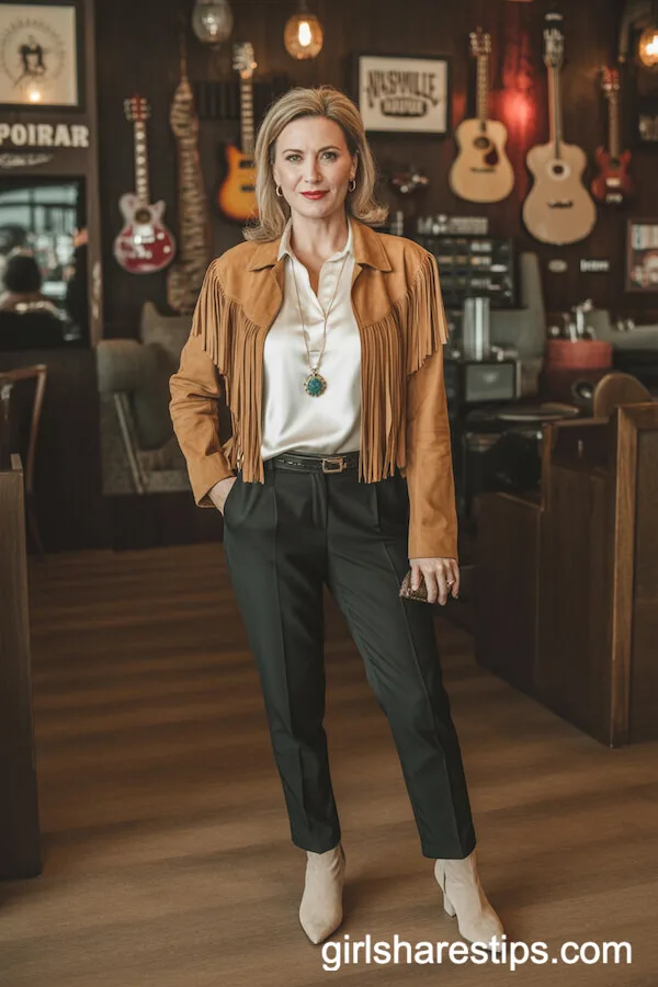 Suede Fringe Jacket with Black Ankle Pants and White Silk Blouse