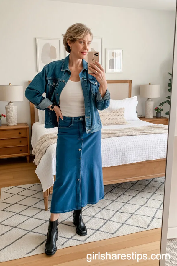 Denim Jacket with White Tank Top and Long Denim Skirt