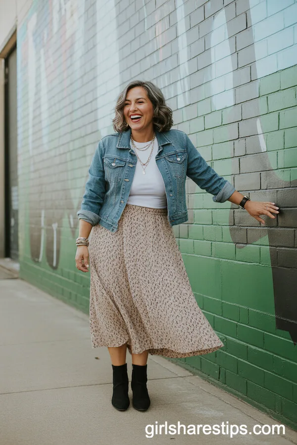 Bohemian Midi Skirt with Fitted White T-Shirt and Cropped Denim Jacket