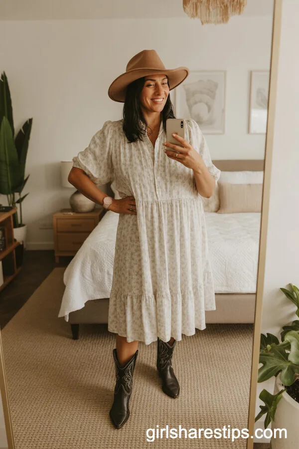 Flowing White Floral Dress with Cowboy Hat and Western Boots