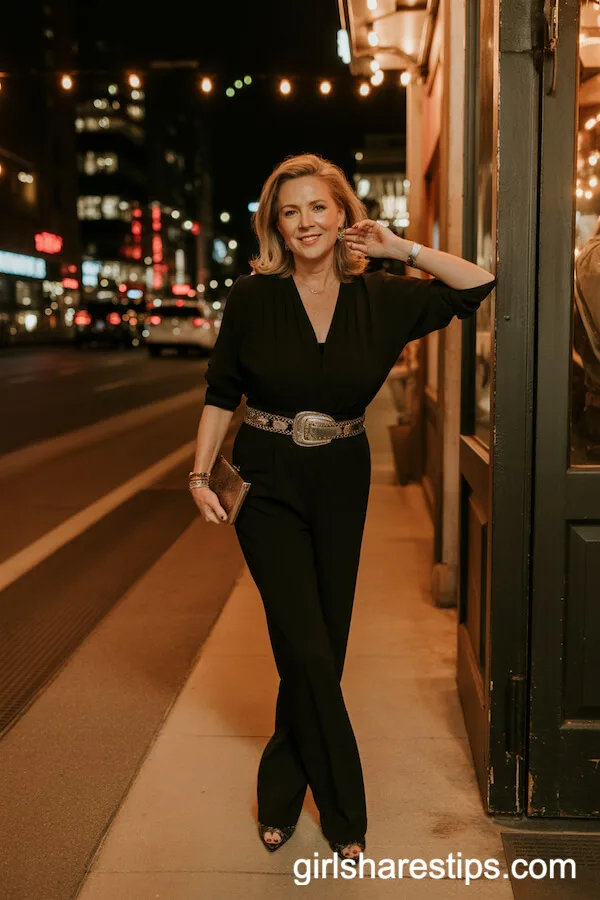 Black Jumpsuit with Statement Western-Style Belt and Heeled Boots