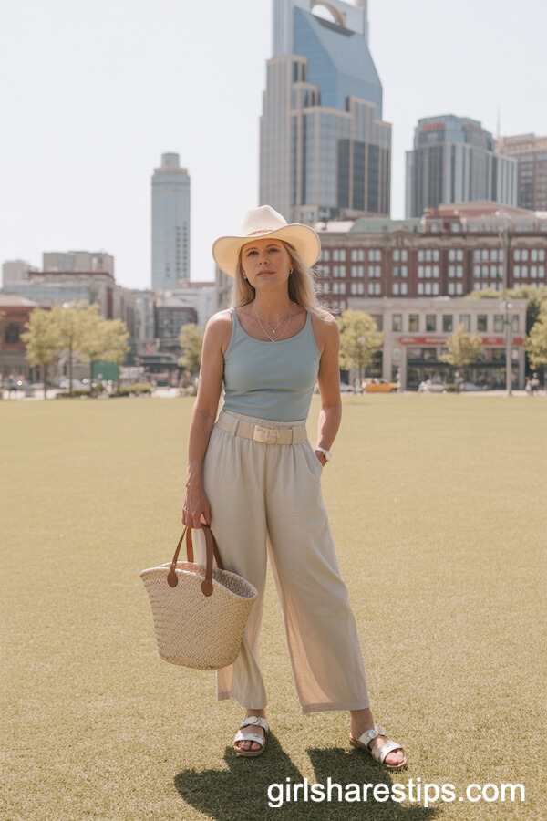 High-Waisted Linen Pants with Blue Tank Top and Cowboy Hat