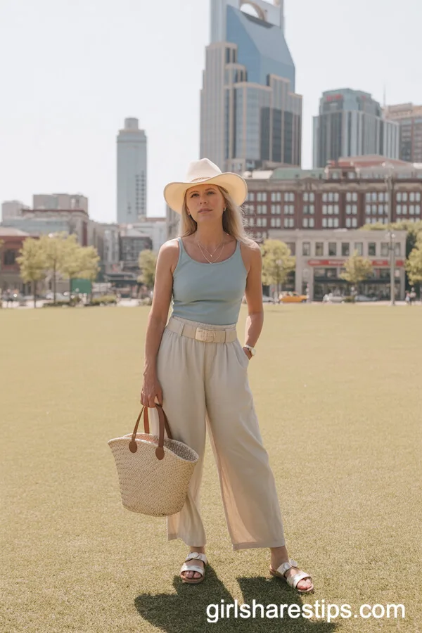 High-Waisted Linen Pants with Blue Tank Top and Cowboy Hat