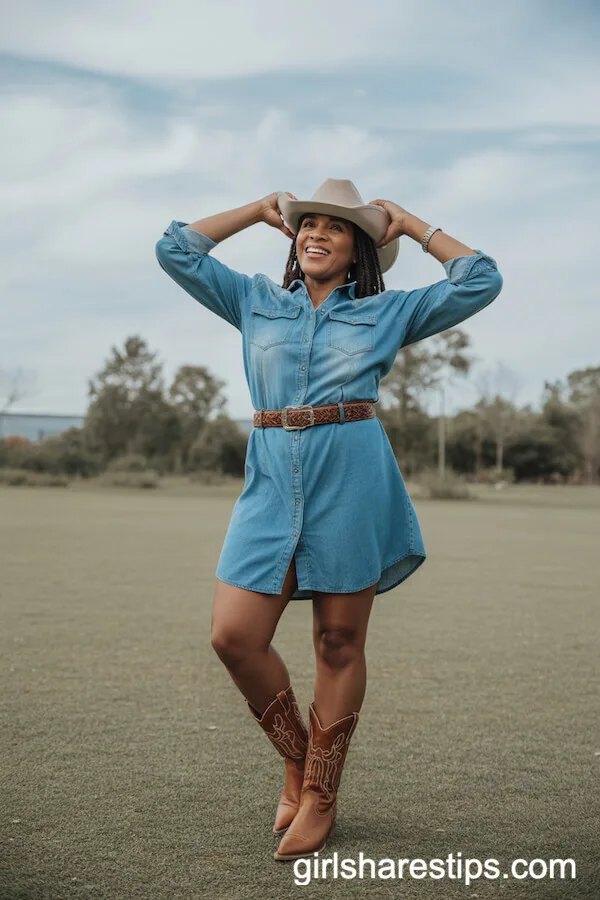 Denim Shirt Dress with Cowboy Boots and Leather Belt