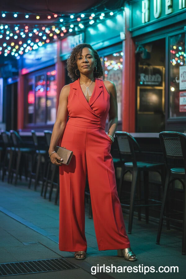Bold Red Sleeveless Jumpsuit with Metallic Sandals and Clutch