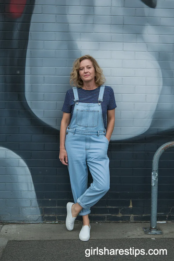 Light-Wash Denim Overalls with Striped Tee and Slip-On Sneakers