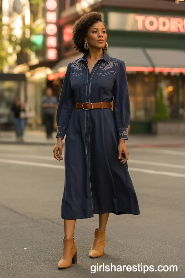 Blue Midi Dress with Western Embroidery and Ankle Boots