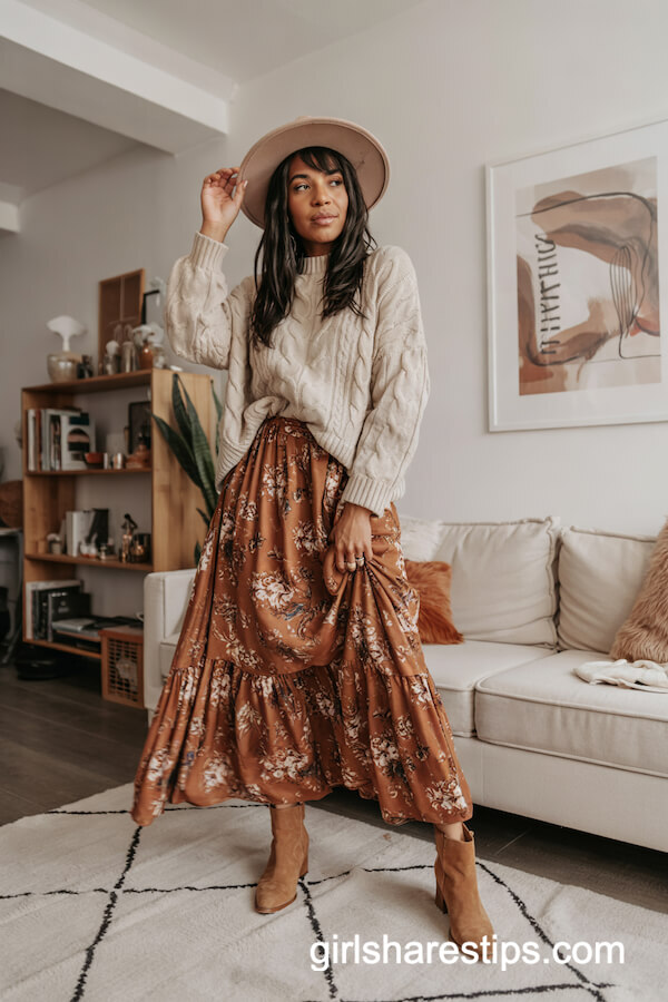 Floral Maxi Skirt with Cable-Knit Sweater