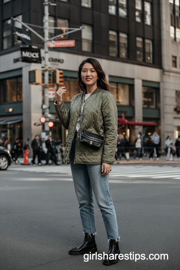 Olive Quilted Jacket and Straight-Leg Jeans
