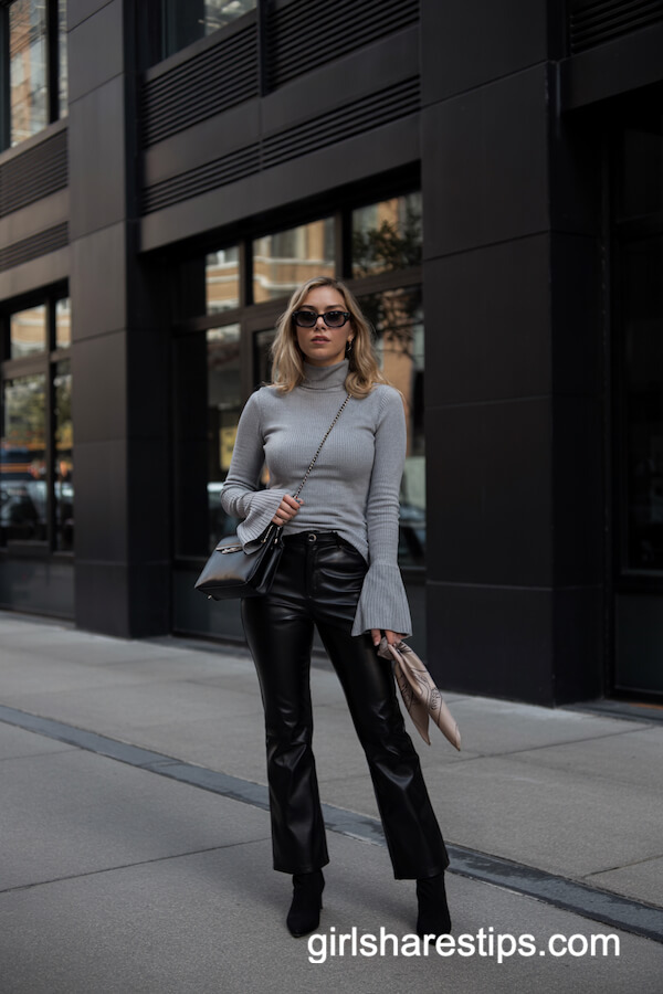Gray Turtleneck with Faux Leather Pants