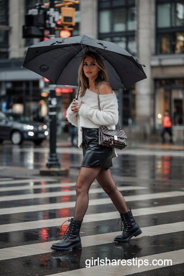 Fuzzy Sweater and Mini Skirt with Combat Boots