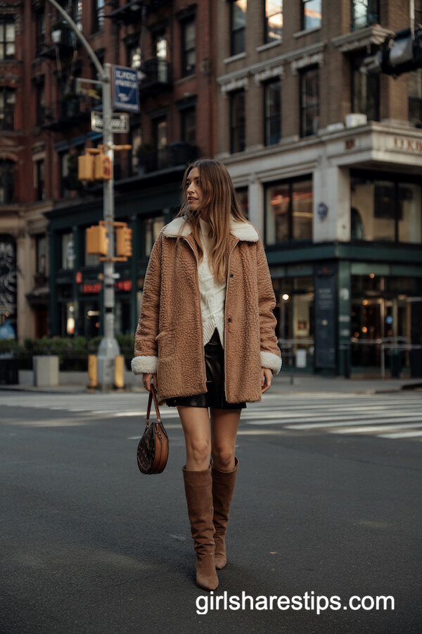 Oversized Teddy Coat and Mini Skirt Outfit