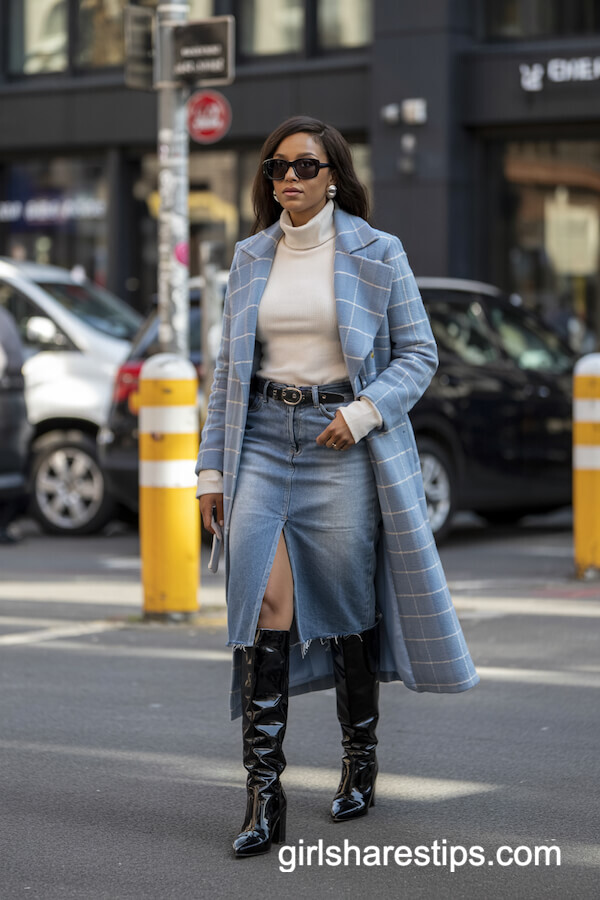 Checked Coat with Denim Skirt and Knee Boots