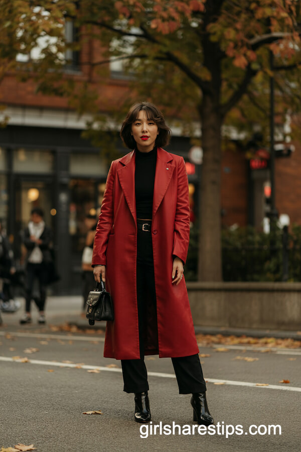 Red Wool Coat and Black Turtleneck Set
