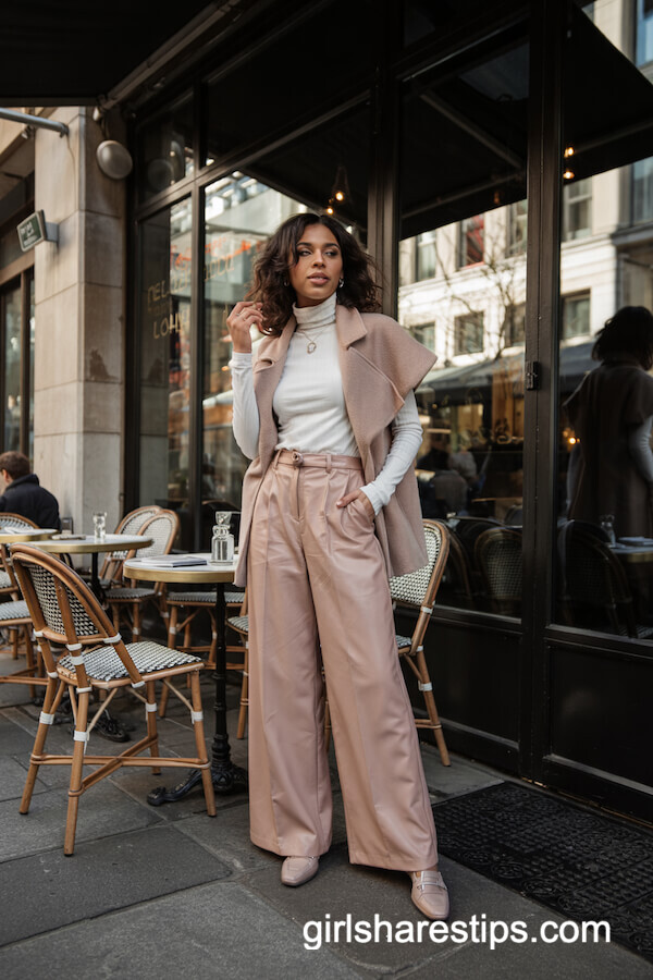 Blush Pink Trousers with White Turtleneck