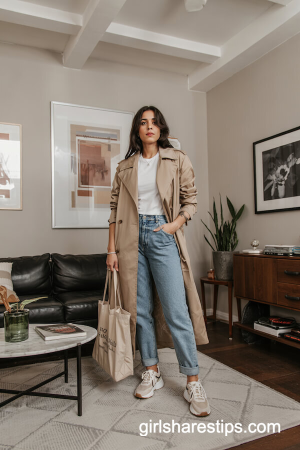 Classic Trench Coat with Mom Jeans