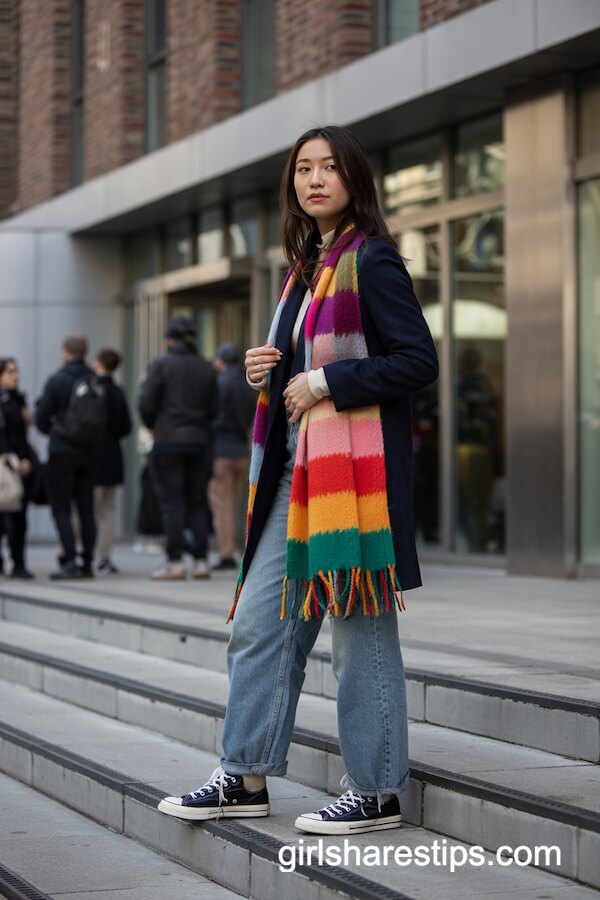 Navy Coat and Striped Scarf Combo