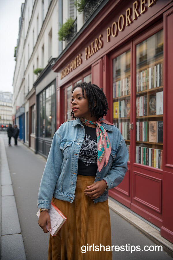 Denim Jacket with Graphic Tee and Boho Scarf