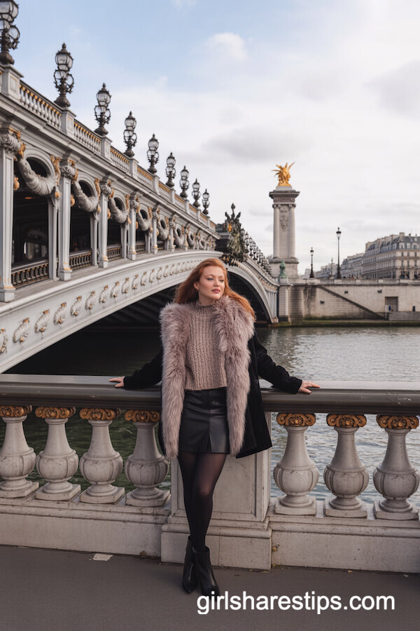 Faux Fur-Trimmed Coat with Black Leather Skirt