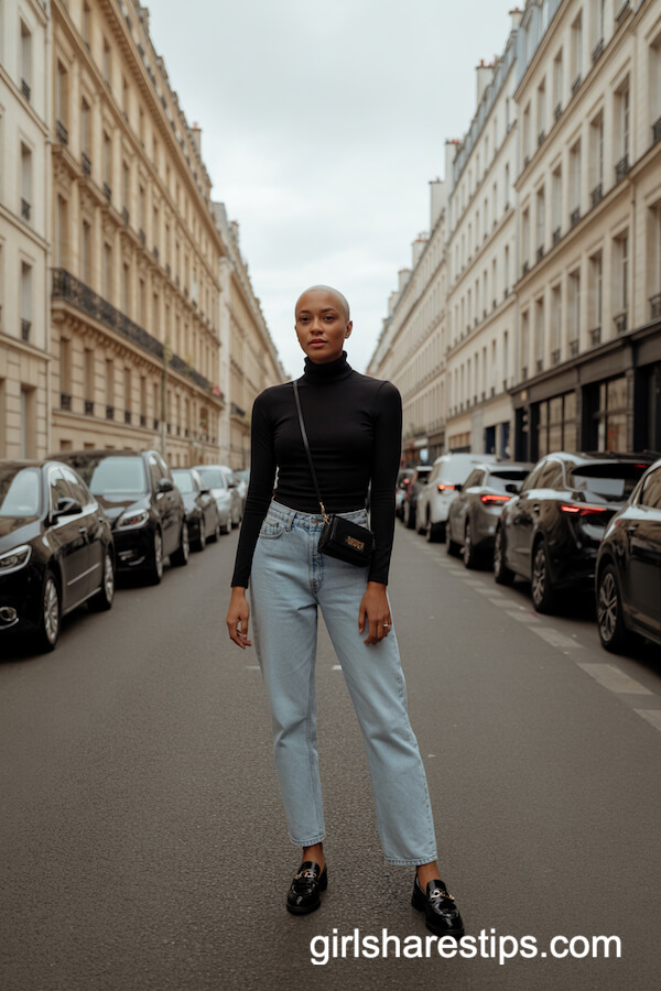 Slim Black Turtleneck with Light Wash Jeans and Loafers