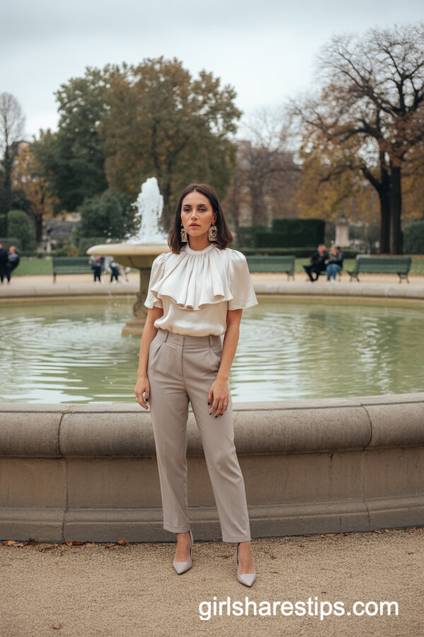 Cream Ruffle Blouse with Tailored Trousers