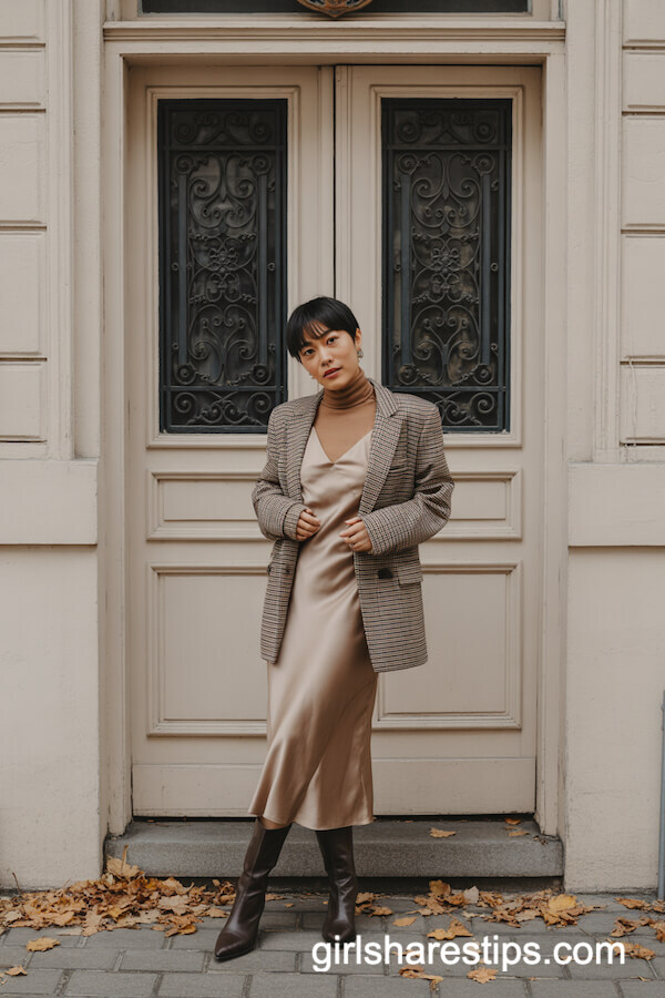 Camel Turtleneck Layered with Satin Slip Dress and Plaid Blazer
