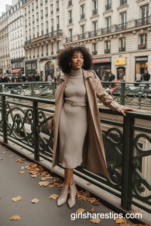 Fitted Knitted Dress with Belted Trench Coat