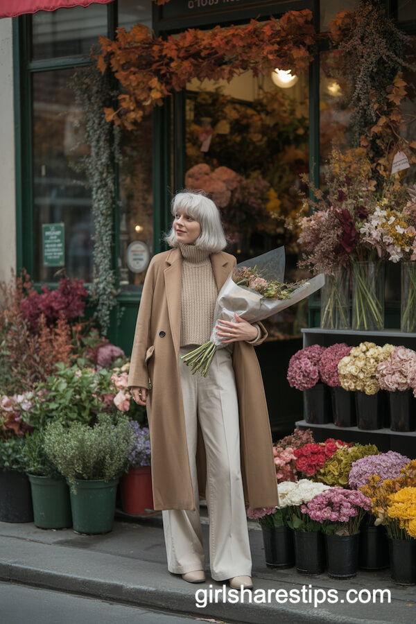 Beige Overcoat with Chunky Sweater and Cream Trousers