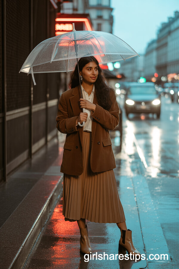 Brown Corduroy Blazer with White Blouse and Pleated Skirt
