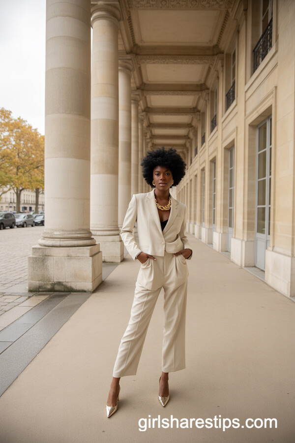 Cream Monochrome Suit Set with Pointed-Toe Heels