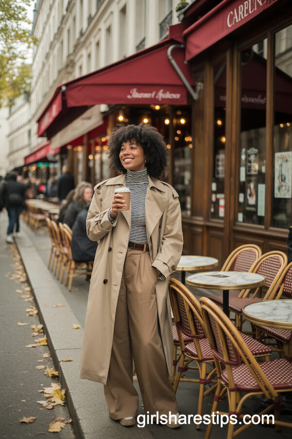 Beige Trench Coat with Striped Turtleneck and Wide-Leg Trousers