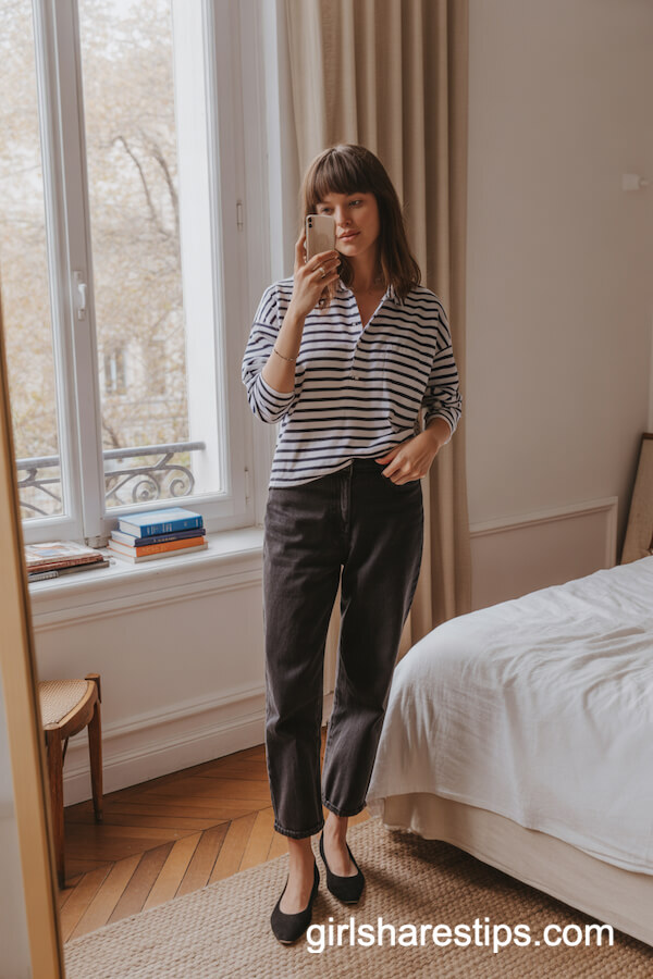 Striped Breton Shirt with Dark Jeans and Ballet Flats