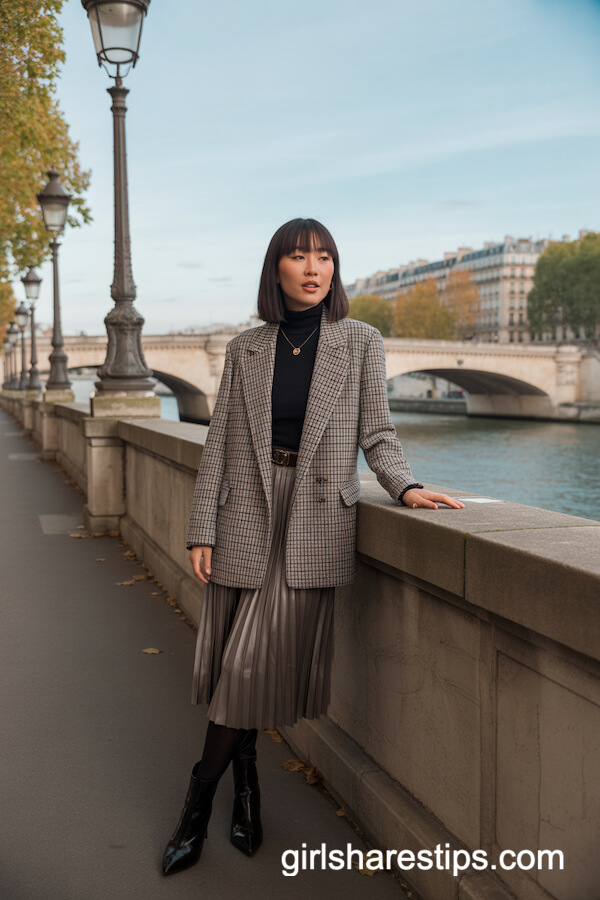 Plaid Blazer Paired with Black Turtleneck and Pleated Midi Skirt