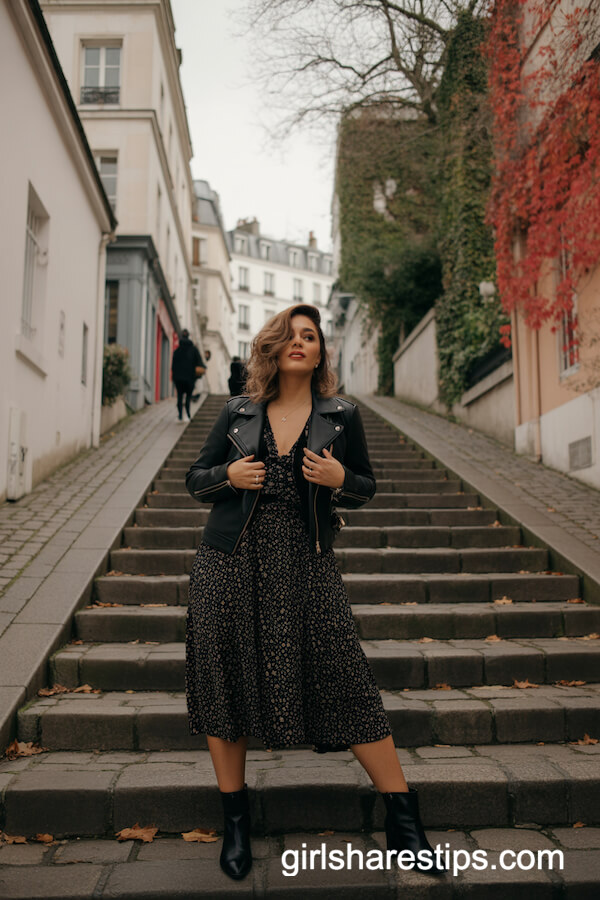 Black Leather Jacket over Dark Floral Midi Dress