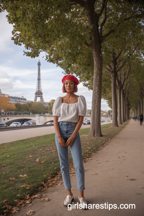 White Puff-Sleeve Blouse with Fitted Jeans and Red Beret