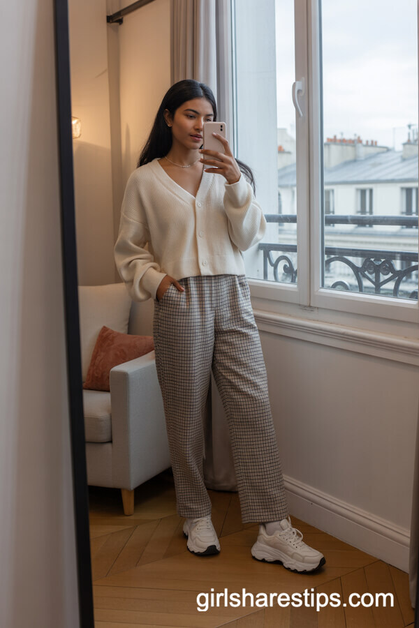 Cream Cardigan with High-Waisted Plaid Trousers