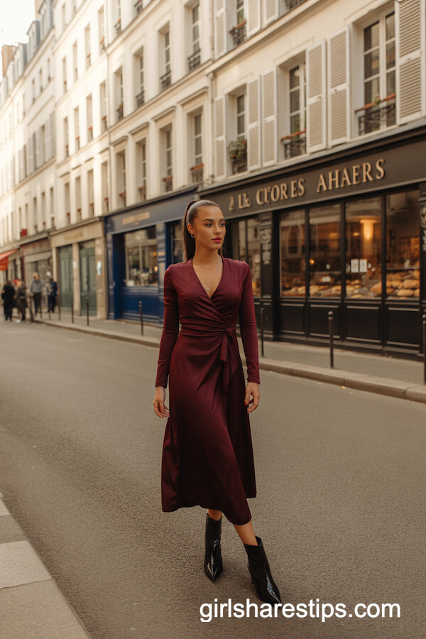 Burgundy Wrap Dress with Black Ankle Boots