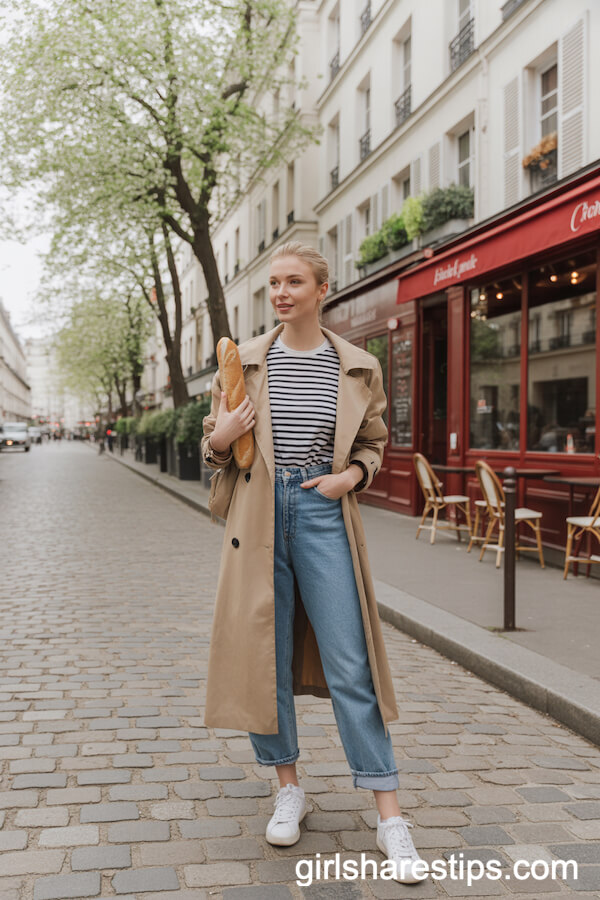 Chic Trench Coat and Striped Tee for Effortless Parisian Style