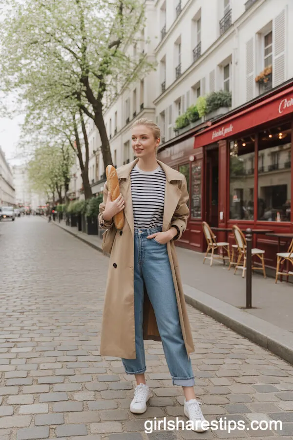 Chic Trench Coat and Striped Tee for Effortless Parisian Style