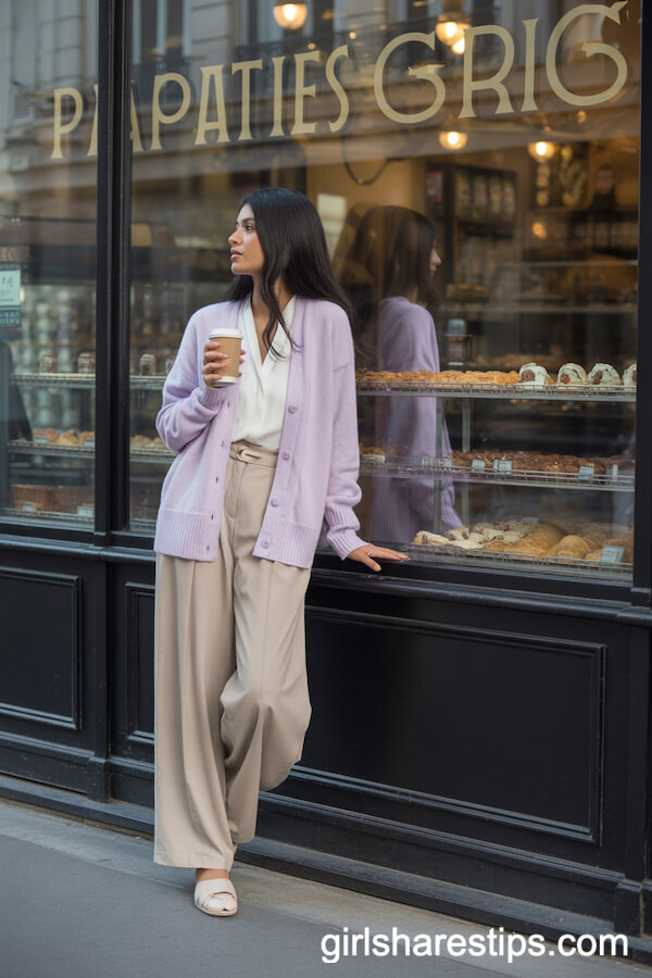 Pastel Cardigan and Wide-Leg Pants for Café Window Shopping