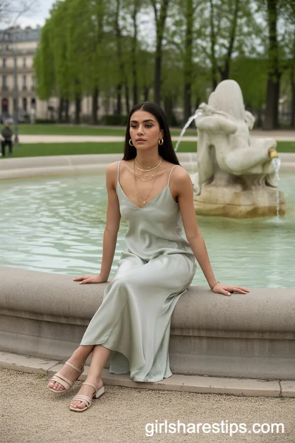 Sage-Green Silk Slip Dress for Relaxed Paris Fountain Days
